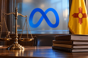 Editorial illustration of the Meta privacy case featuring Meta’s logo, scales of justice, legal files and the New Mexico flag.