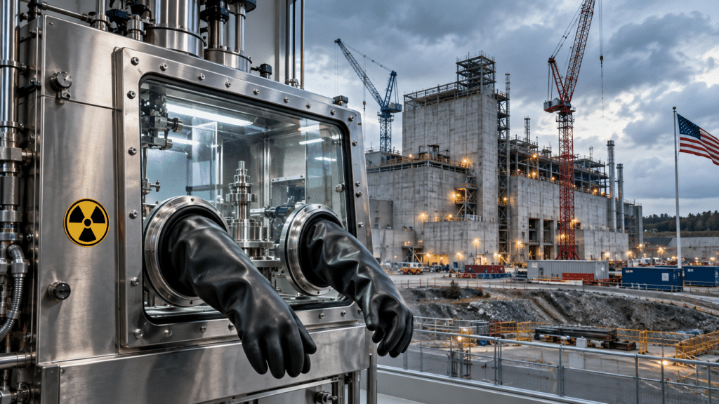 Editorial illustration of plutonium pit production showing a laboratory glovebox, radiation symbol, construction cranes and an American flag.