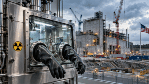 Editorial illustration of plutonium pit production showing a laboratory glovebox, radiation symbol, construction cranes and an American flag.