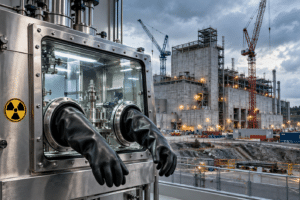 Editorial illustration of plutonium pit production showing a laboratory glovebox, radiation symbol, construction cranes and an American flag.