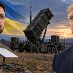 Editorial composite of Volodymyr Zelenskyy and Donald Trump with a Patriot missile launcher and satellite internet terminal.
