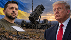 Editorial composite of Volodymyr Zelenskyy and Donald Trump with a Patriot missile launcher and satellite internet terminal.