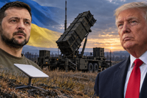 Editorial composite of Volodymyr Zelenskyy and Donald Trump with a Patriot missile launcher and satellite internet terminal.