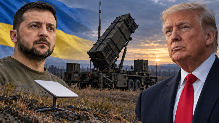 Editorial composite of Volodymyr Zelenskyy and Donald Trump with a Patriot missile launcher and satellite internet terminal.