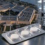 Pentagon ketamine contract editorial illustration showing the Pentagon, symbolic medication wafers and pharmaceutical manufacturing equipment.