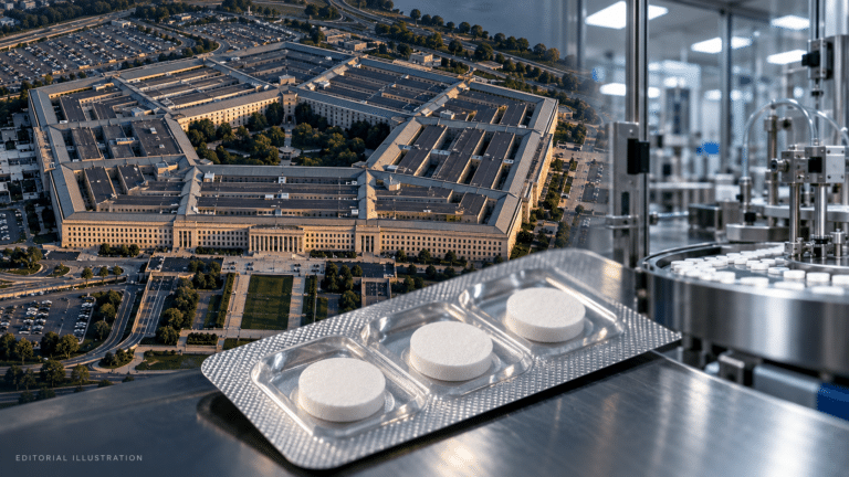 Pentagon ketamine contract editorial illustration showing the Pentagon, symbolic medication wafers and pharmaceutical manufacturing equipment.