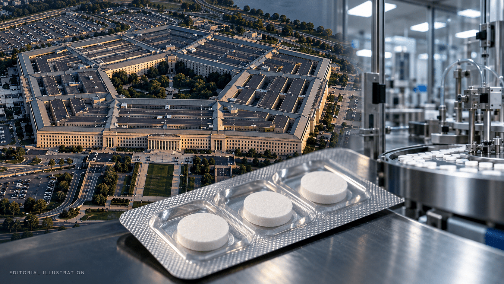 Pentagon ketamine contract editorial illustration showing the Pentagon, symbolic medication wafers and pharmaceutical manufacturing equipment.