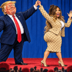 Trump and Nicki Minaj political cartoon showing him raising her hand, with an exaggerated silhouette and her beige Gucci rally outfit.