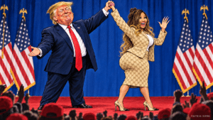 Trump and Nicki Minaj political cartoon showing him raising her hand, with an exaggerated silhouette and her beige Gucci rally outfit.