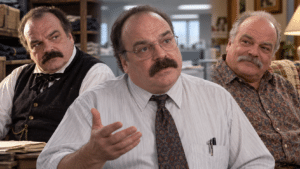 Photorealistic editorial composite of Richard Riehle inspired by his roles in Office Space, Glory and Grounded for Life.