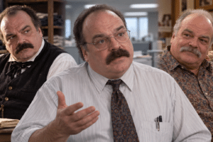 Photorealistic editorial composite of Richard Riehle inspired by his roles in Office Space, Glory and Grounded for Life.