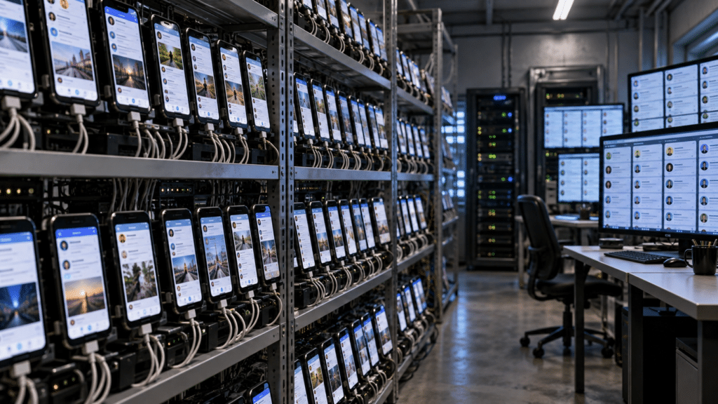 Editorial illustration of smartphone racks and computer monitors displaying multiple social media profiles in a fictional bot farm.
