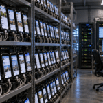 Editorial illustration of smartphone racks and computer monitors displaying multiple social media profiles in a fictional bot farm.