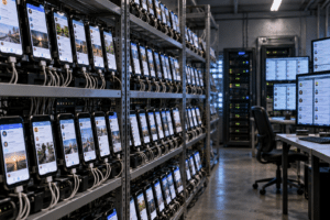 Editorial illustration of smartphone racks and computer monitors displaying multiple social media profiles in a fictional bot farm.