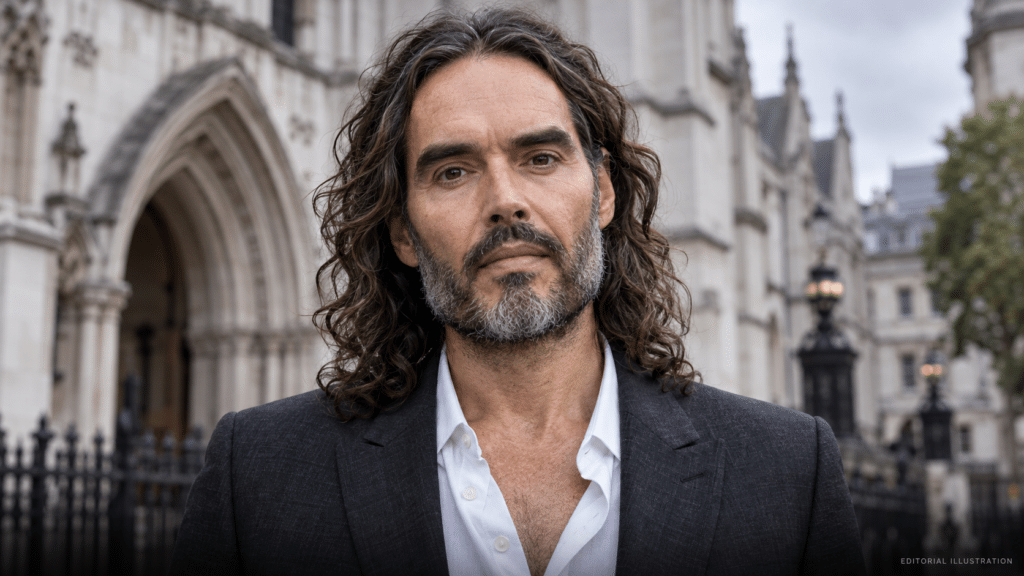 Editorial illustration for the Russell Brand rape trial, showing Brand centered against a London courthouse backdrop.