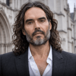 Editorial illustration for the Russell Brand rape trial, showing Brand centered against a London courthouse backdrop.