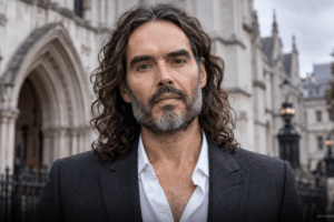 Editorial illustration for the Russell Brand rape trial, showing Brand centered against a London courthouse backdrop.