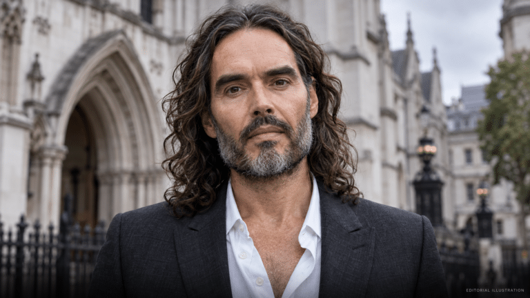 Editorial illustration for the Russell Brand rape trial, showing Brand centered against a London courthouse backdrop.