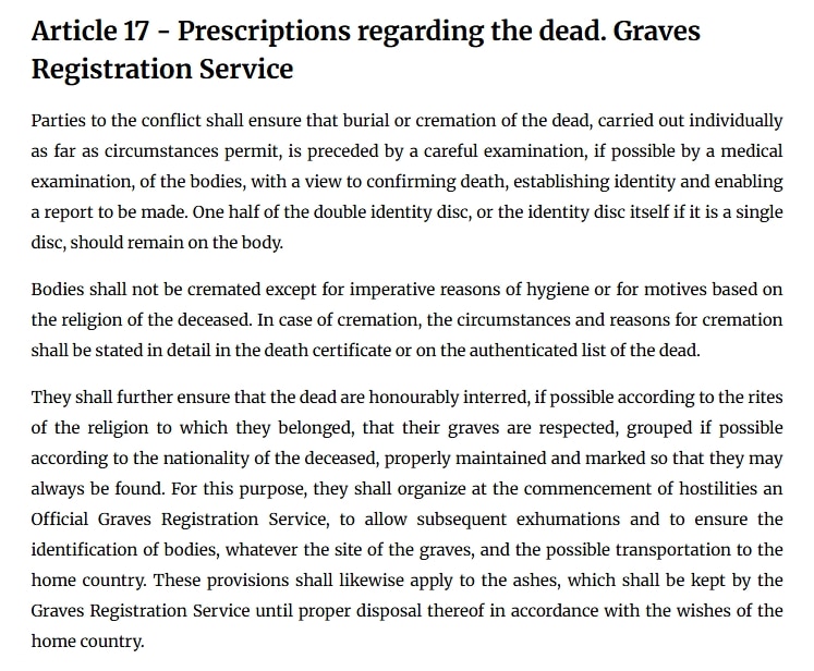 Screenshot of Geneva Convention Article 17 on treatment of the dead, cited in an opinion article about mass graves.