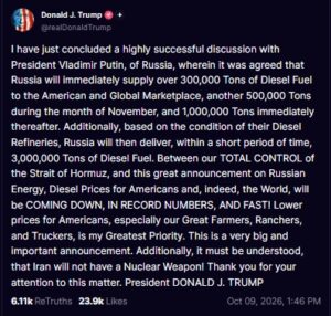 Screenshot of Trump’s Oct. 9, 2026, Truth Social post announcing Russian diesel supplies after a call with Putin.