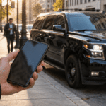 Editorial illustration of police phone surveillance, showing a smartphone near an unmarked police SUV.