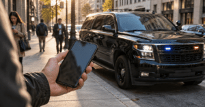 Editorial illustration of police phone surveillance, showing a smartphone near an unmarked police SUV.