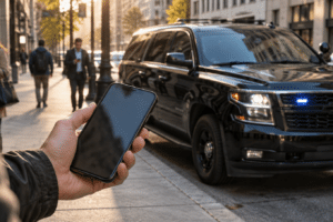 Editorial illustration of police phone surveillance, showing a smartphone near an unmarked police SUV.