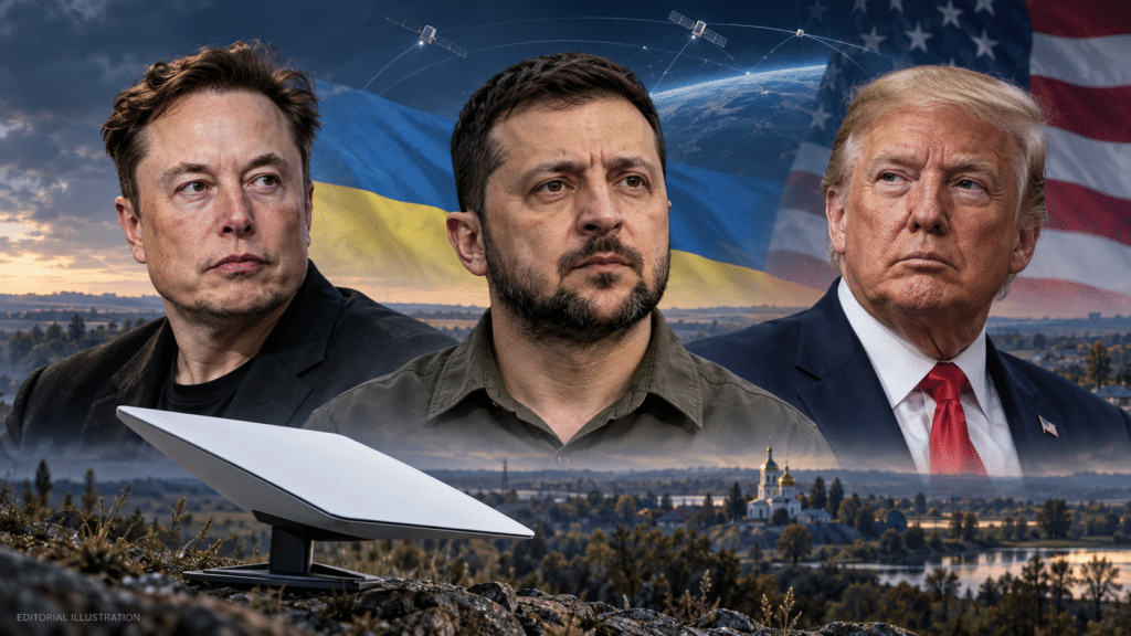 Editorial illustration of Elon Musk, Volodymyr Zelenskyy and Donald Trump accompanying coverage of satellite restrictions that disrupted Ukrainian drone missions.