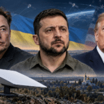 Editorial illustration of Elon Musk, Volodymyr Zelenskyy and Donald Trump accompanying coverage of satellite restrictions that disrupted Ukrainian drone missions.