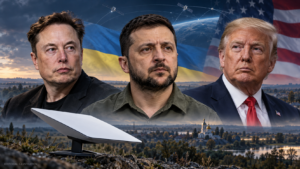 Editorial illustration of Elon Musk, Volodymyr Zelenskyy and Donald Trump accompanying coverage of satellite restrictions that disrupted Ukrainian drone missions.