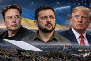 Editorial illustration of Elon Musk, Volodymyr Zelenskyy and Donald Trump accompanying coverage of satellite restrictions that disrupted Ukrainian drone missions.