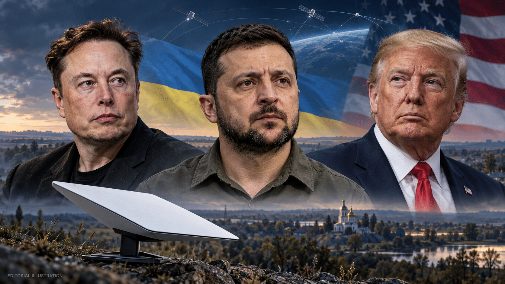 Editorial illustration of Elon Musk, Volodymyr Zelenskyy and Donald Trump accompanying coverage of satellite restrictions that disrupted Ukrainian drone missions.