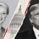 Editorial collage about the new Trump rape claim, with separate portraits of Beatrice Keul and Donald Trump divided by a Capitol graphic.