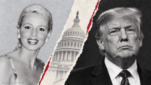 Editorial collage about the new Trump rape claim, with separate portraits of Beatrice Keul and Donald Trump divided by a Capitol graphic.
