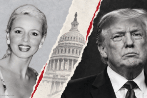 Editorial collage about the new Trump rape claim, with separate portraits of Beatrice Keul and Donald Trump divided by a Capitol graphic.