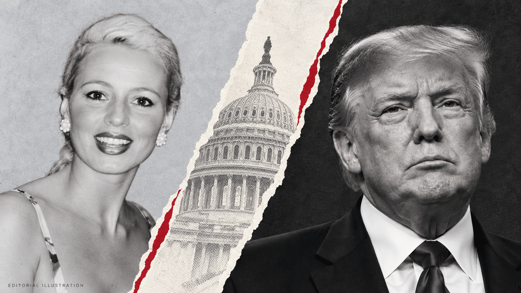 Editorial collage about the new Trump rape claim, with separate portraits of Beatrice Keul and Donald Trump divided by a Capitol graphic.