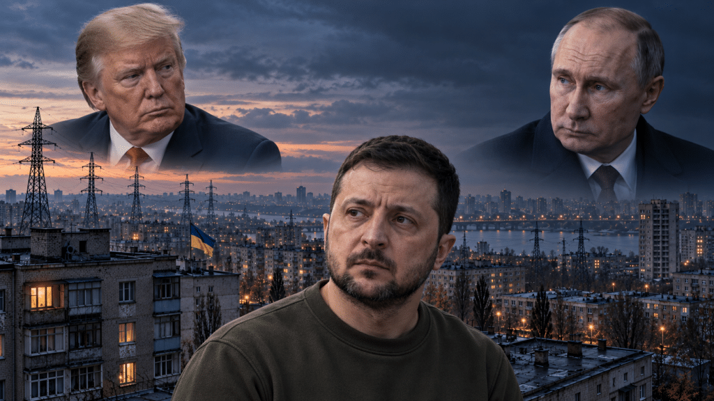 Zelenskyy, Trump and Putin above Ukraine’s power grid in an editorial illustration about the reported Russian winter blueprint.