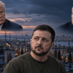 Zelenskyy, Trump and Putin above Ukraine’s power grid in an editorial illustration about the reported Russian winter blueprint.