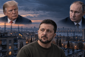 Zelenskyy, Trump and Putin above Ukraine’s power grid in an editorial illustration about the reported Russian winter blueprint.