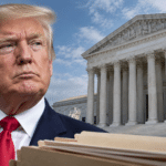 Editorial composite of Donald Trump, the U.S. Supreme Court and file folders representing DOGE records.