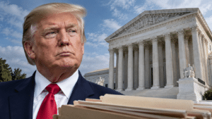 Editorial composite of Donald Trump, the U.S. Supreme Court and file folders representing DOGE records.
