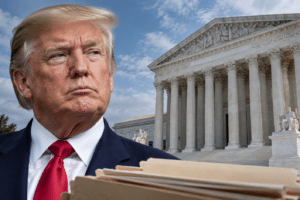 Editorial composite of Donald Trump, the U.S. Supreme Court and file folders representing DOGE records.