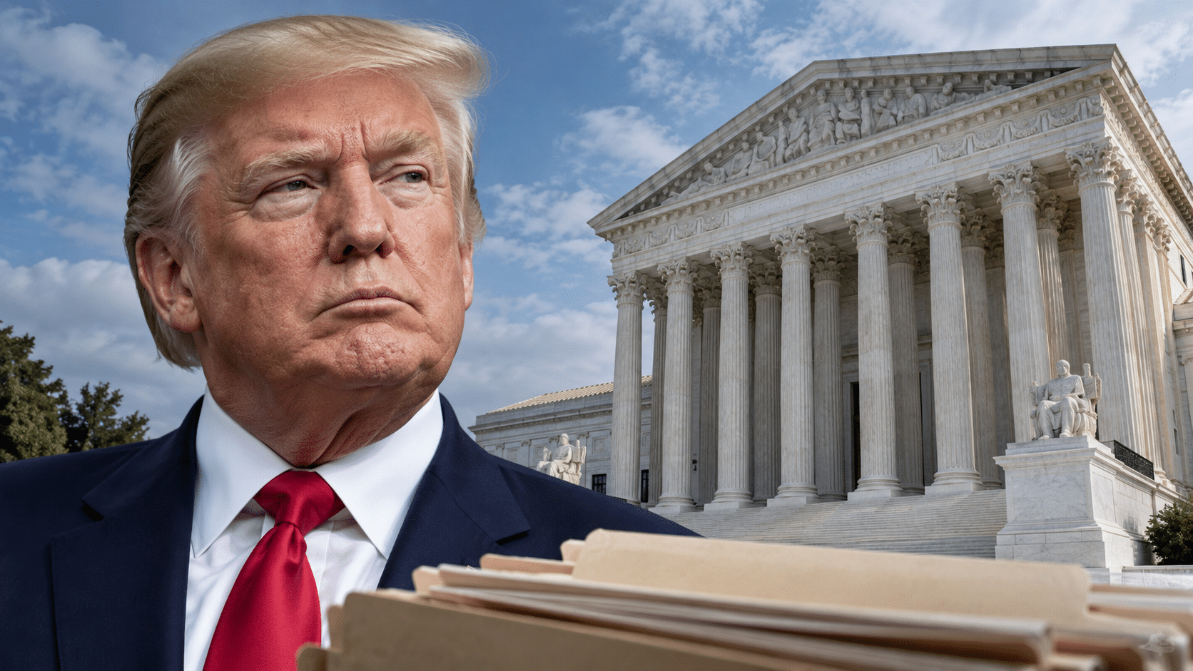 Editorial composite of Donald Trump, the U.S. Supreme Court and file folders representing DOGE records.