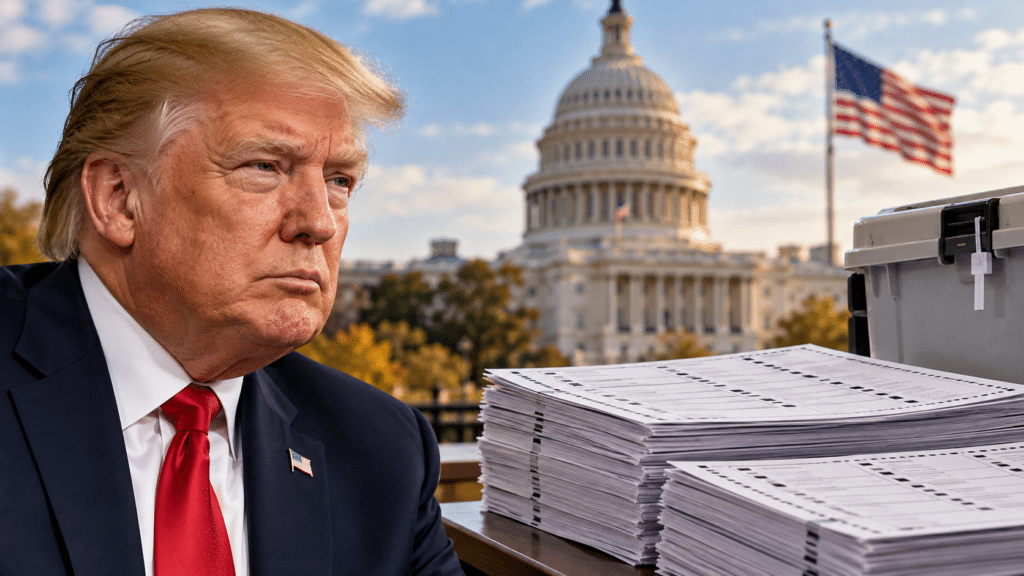 Editorial illustration of Donald Trump beside paper ballots, with the U.S. Capitol and an American flag behind him. created for the story about ballot seizures
