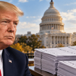 Editorial illustration of Donald Trump beside paper ballots, with the U.S. Capitol and an American flag behind him. created for the story about ballot seizures