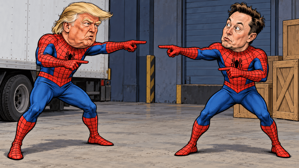 Political satirical cartoon of Trump and Musk in Spider-Man suits pointing at each other over the Starlink dispute.