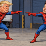 Political satirical cartoon of Trump and Musk in Spider-Man suits pointing at each other over the Starlink dispute.