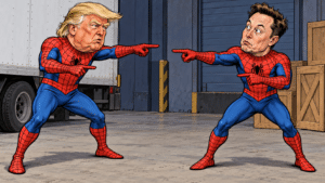 Political satirical cartoon of Trump and Musk in Spider-Man suits pointing at each other over the Starlink dispute.