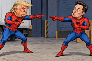 Political satirical cartoon of Trump and Musk in Spider-Man suits pointing at each other over the Starlink dispute.