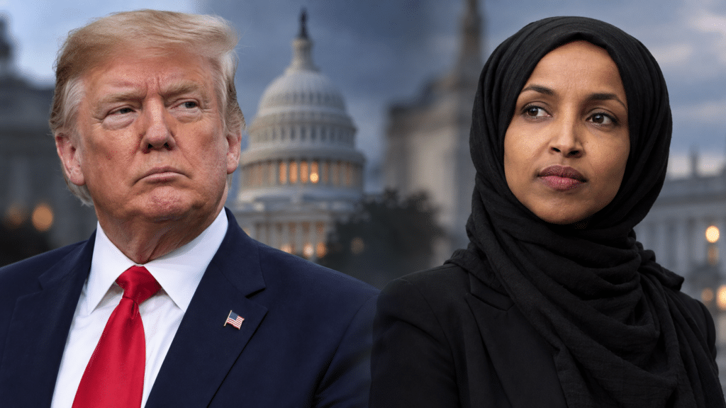 Donald Trump and Rep. Ilhan Omar. editorial illustration.